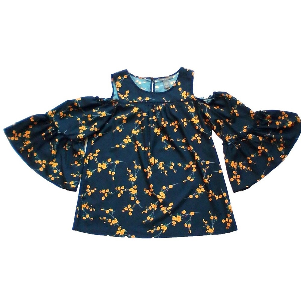 Kate & Mallory Women’s Large Blue Floral Blouse 3/4 Sleeve Button Strap Top
